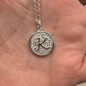 LAO Silver Tone Pendant Necklace Initial K Rhinestone Circle